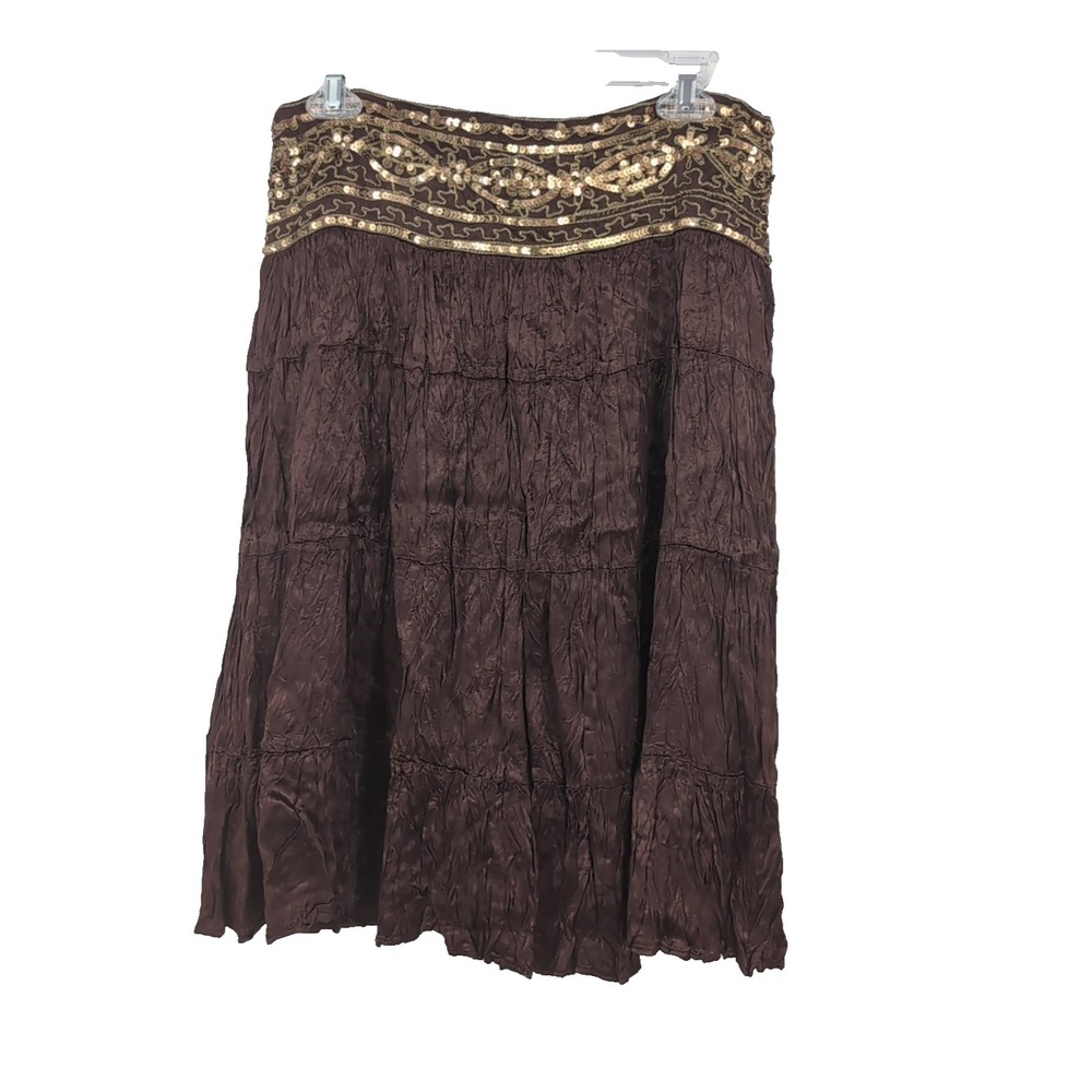 Cache Brown Crinkle Broomstick Midi Skirt Sequin Embroidered Waist Boho Womens 2 - Picture 2 of 11